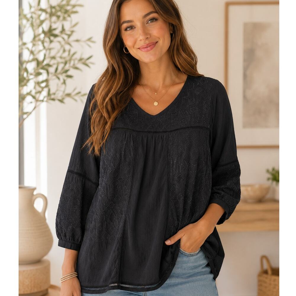Monoreno Embroidered Top Womens Large Black Semi Sheer Coastal Boho Beachy
